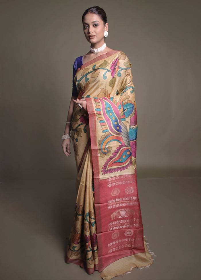 Yellow Handloom Tussar Pure Silk Saree With Blouse Piece