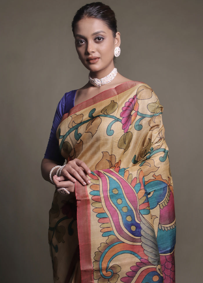 Yellow Handloom Tussar Pure Silk Saree With Blouse Piece