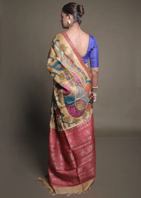 Yellow Handloom Tussar Pure Silk Saree With Blouse Piece