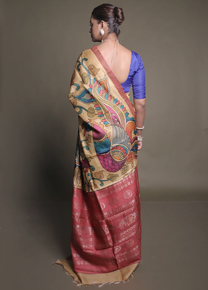 Yellow Handloom Tussar Pure Silk Saree With Blouse Piece