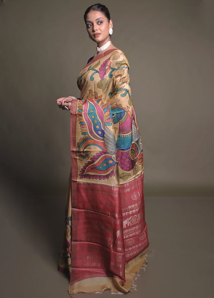 Yellow Handloom Tussar Pure Silk Saree With Blouse Piece