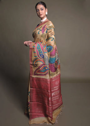 Yellow Handloom Tussar Pure Silk Saree With Blouse Piece