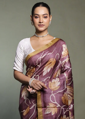 Purple Handloom Tussar Pure Silk Saree With Blouse Piece