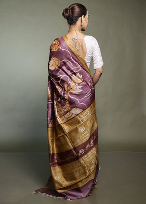 Purple Handloom Tussar Pure Silk Saree With Blouse Piece