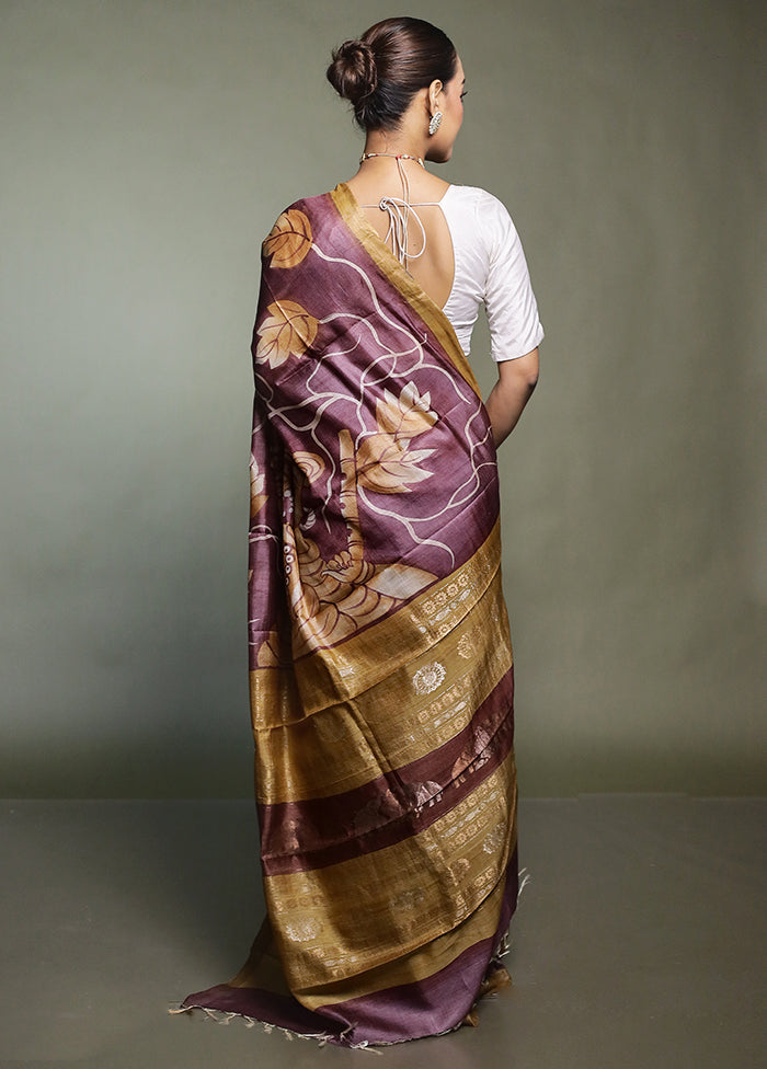 Purple Handloom Tussar Pure Silk Saree With Blouse Piece