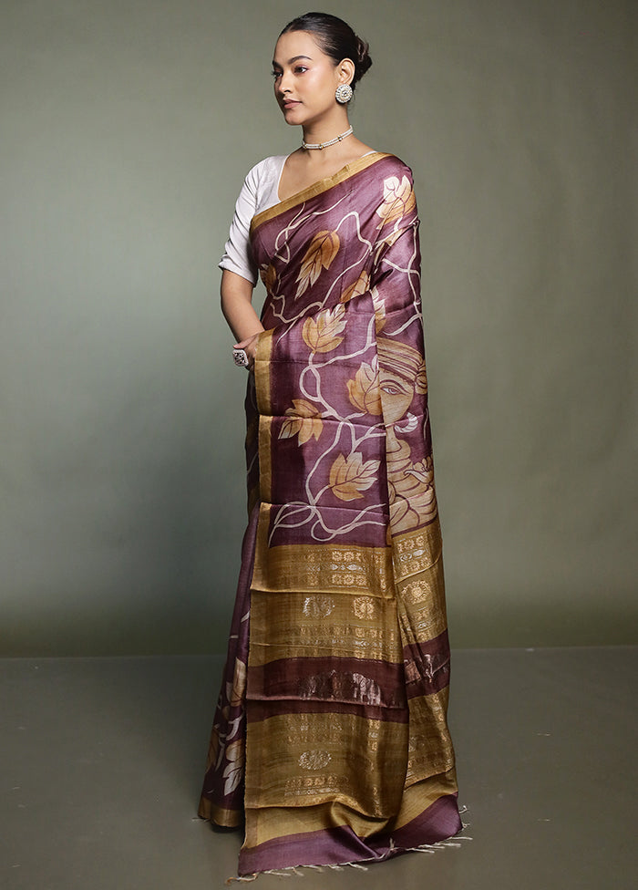 Purple Handloom Tussar Pure Silk Saree With Blouse Piece