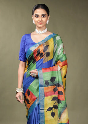 Blue Handloom Tussar Pure Silk Saree With Blouse Piece