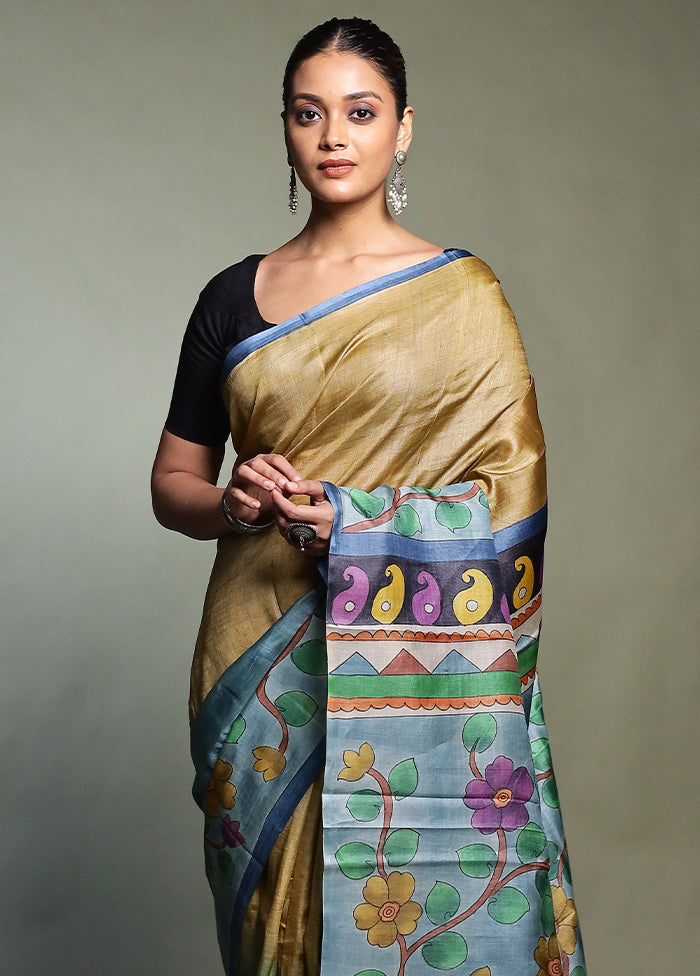 Blue Handloom Tussar Pure Silk Saree With Blouse Piece