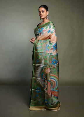 Cream Handloom Tussar Pure Silk Saree With Blouse Piece