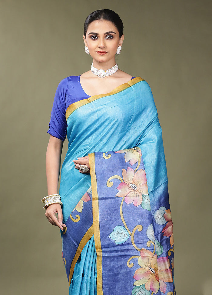 Blue Handloom Tussar Pure Silk Saree With Blouse Piece