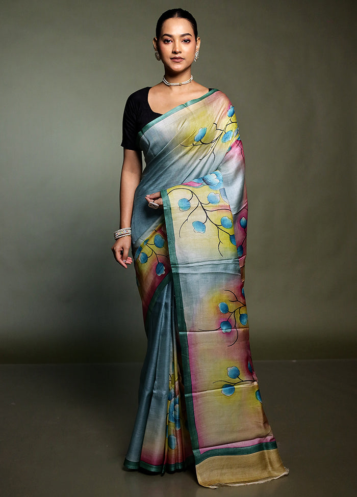 Multicolor Handloom Tussar Pure Silk Saree With Blouse Piece