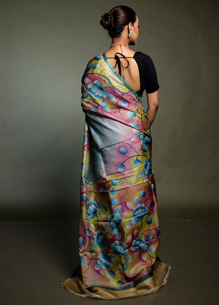 Multicolor Handloom Tussar Pure Silk Saree With Blouse Piece
