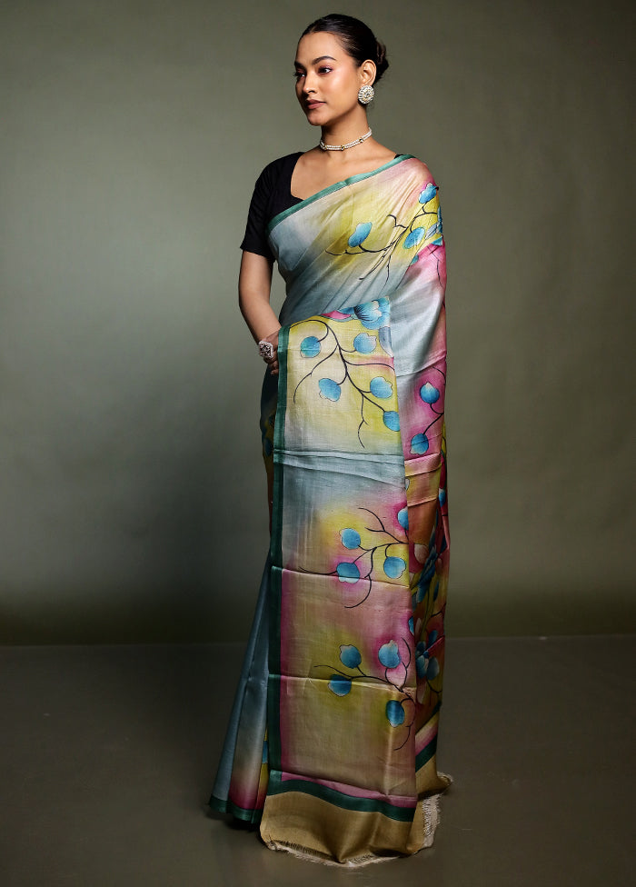 Multicolor Handloom Tussar Pure Silk Saree With Blouse Piece
