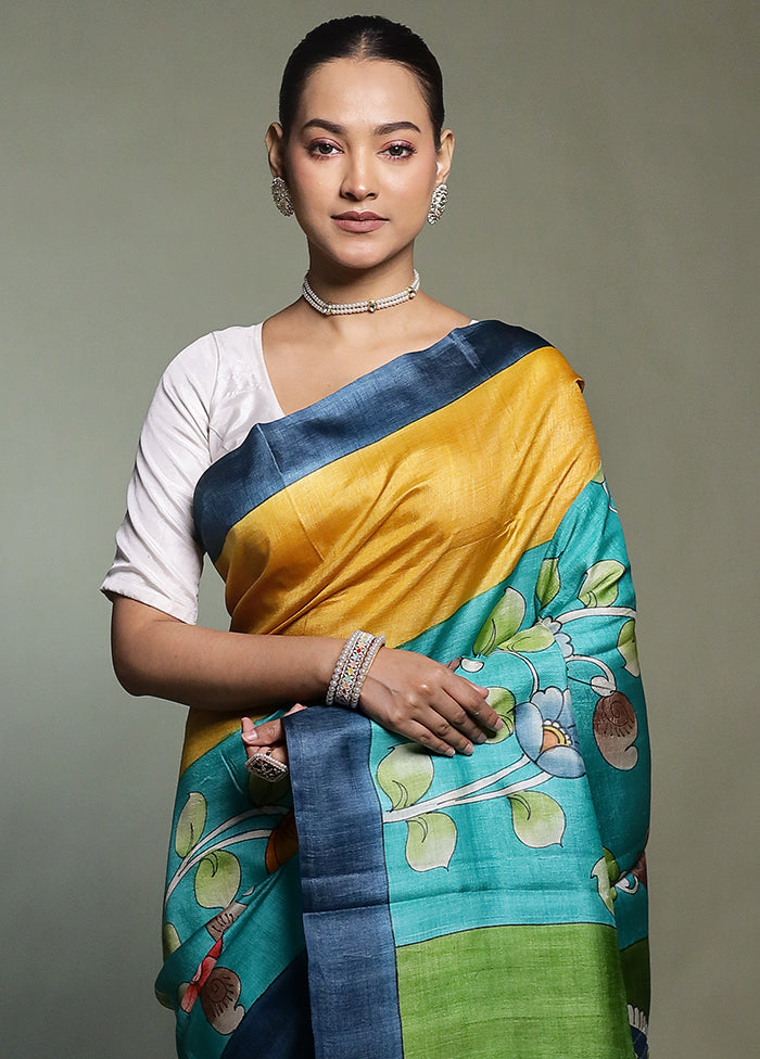 Green Handloom Tussar Pure Silk Saree With Blouse Piece