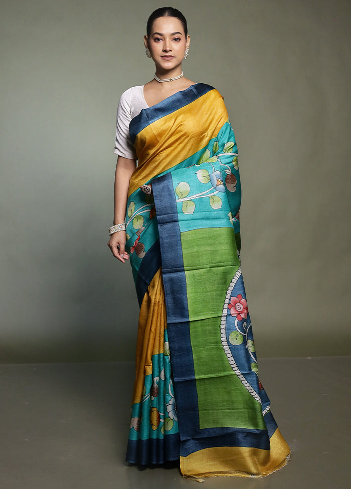 Green Handloom Tussar Pure Silk Saree With Blouse Piece