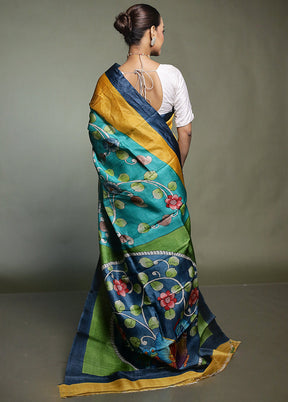Green Handloom Tussar Pure Silk Saree With Blouse Piece