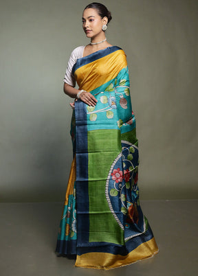 Green Handloom Tussar Pure Silk Saree With Blouse Piece
