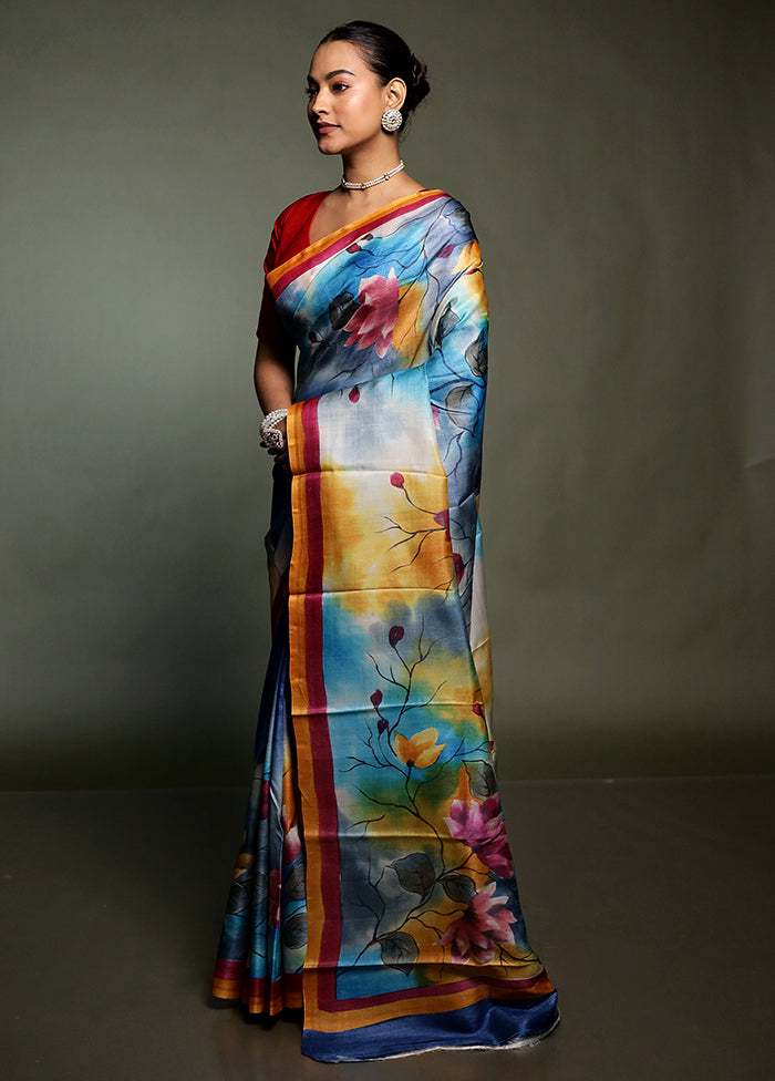 Multicolor Handloom Tussar Pure Silk Saree With Blouse Piece