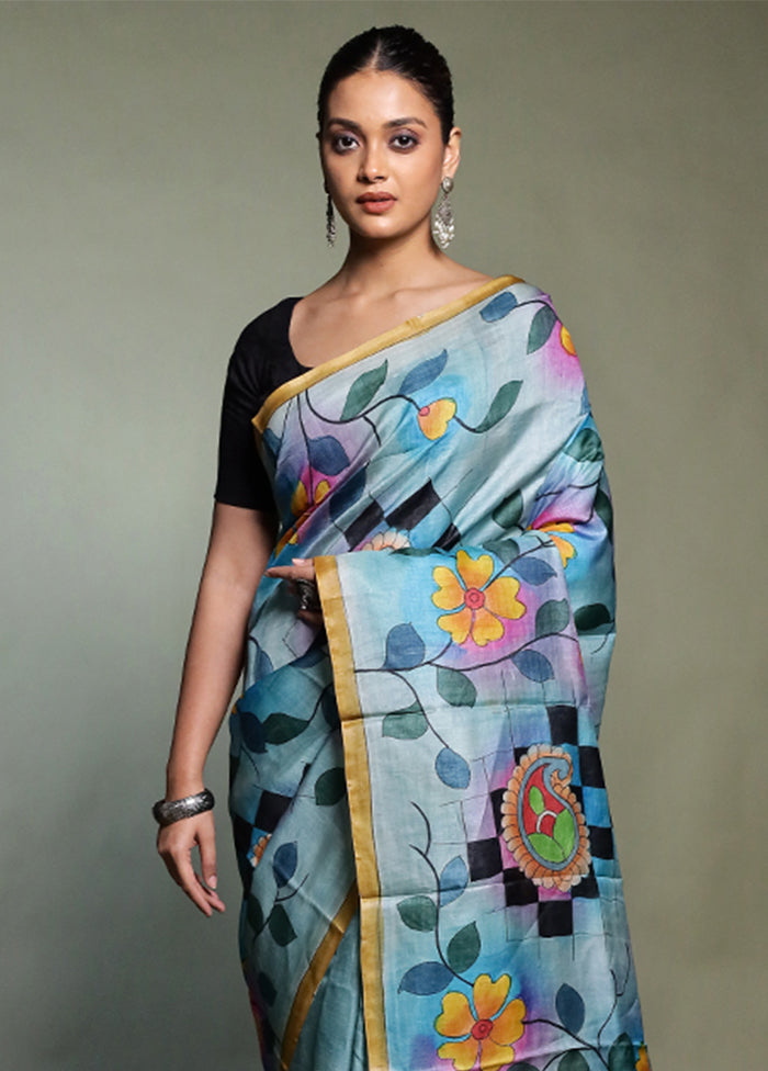Multicolor Handloom Tussar Pure Silk Saree With Blouse Piece