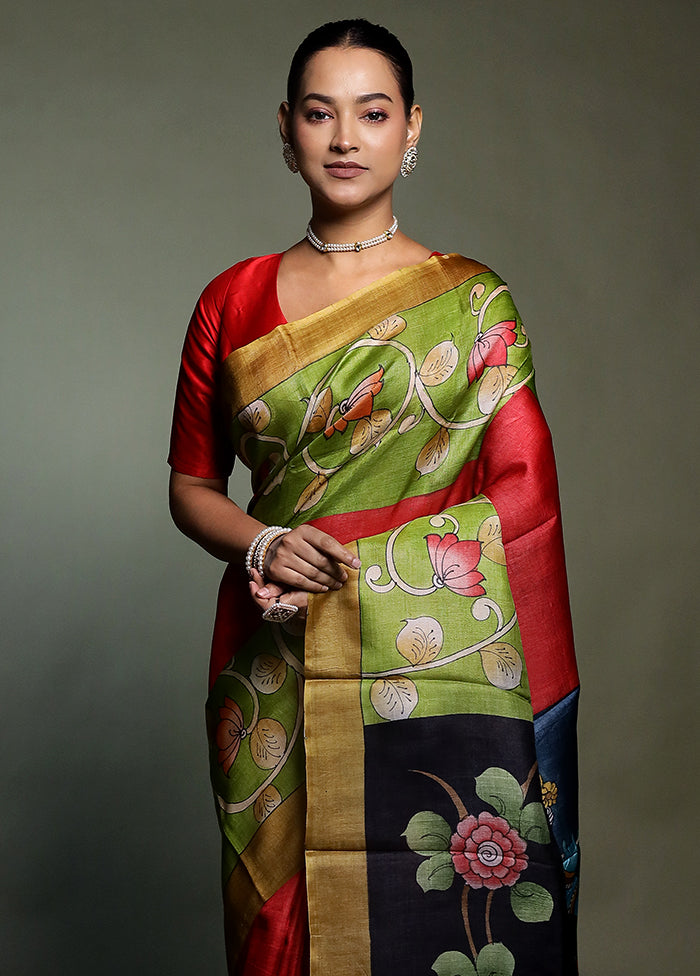 Multicolor Handloom Tussar Pure Silk Saree With Blouse Piece