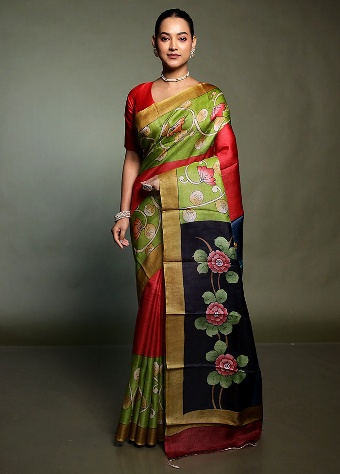 Multicolor Handloom Tussar Pure Silk Saree With Blouse Piece