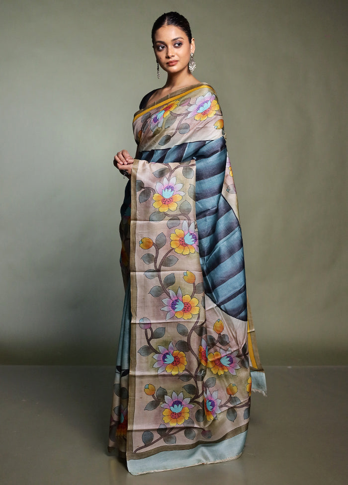 Multicolor Handloom Tussar Pure Silk Saree With Blouse Piece