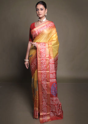 Yellow Printed Pure Silk Saree Without Blouse Piece