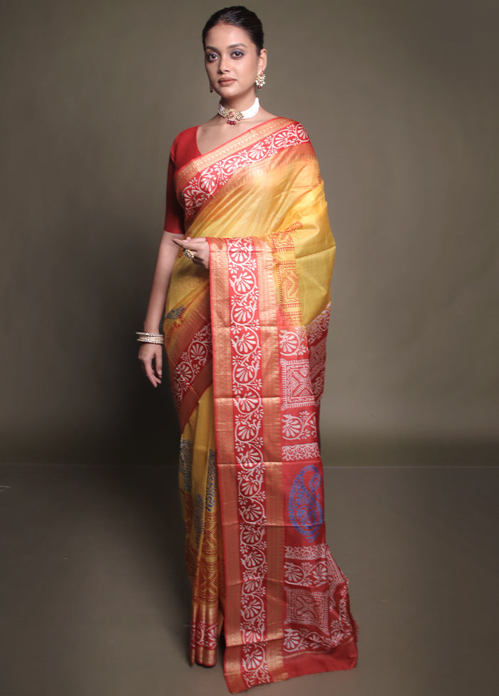 Yellow Printed Pure Silk Saree Without Blouse Piece