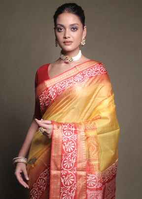 Yellow Printed Pure Silk Saree Without Blouse Piece