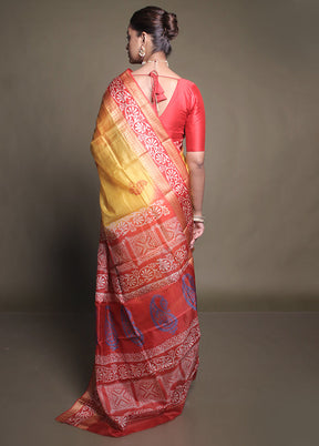 Yellow Printed Pure Silk Saree Without Blouse Piece