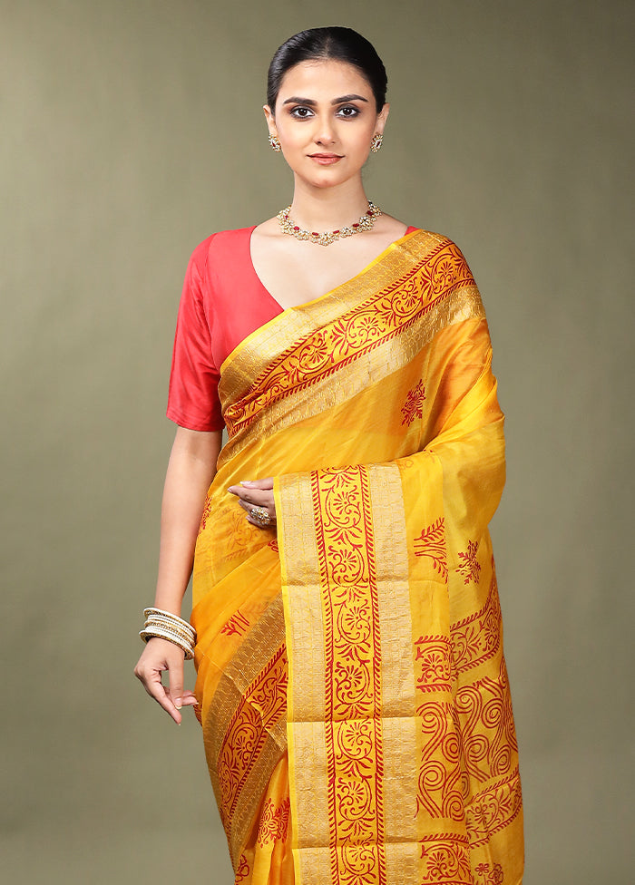 Yellow Printed Pure Silk Saree Without Blouse Piece