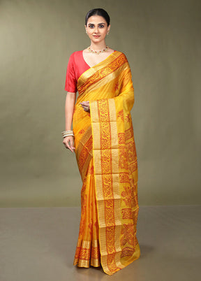 Yellow Printed Pure Silk Saree Without Blouse Piece