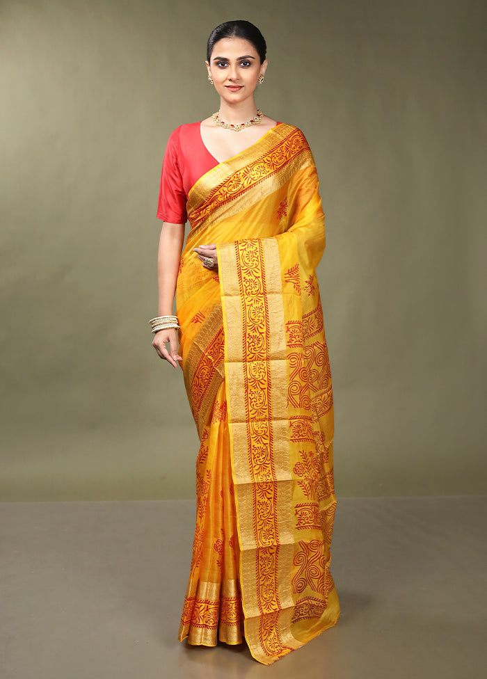 Yellow Printed Pure Silk Saree Without Blouse Piece