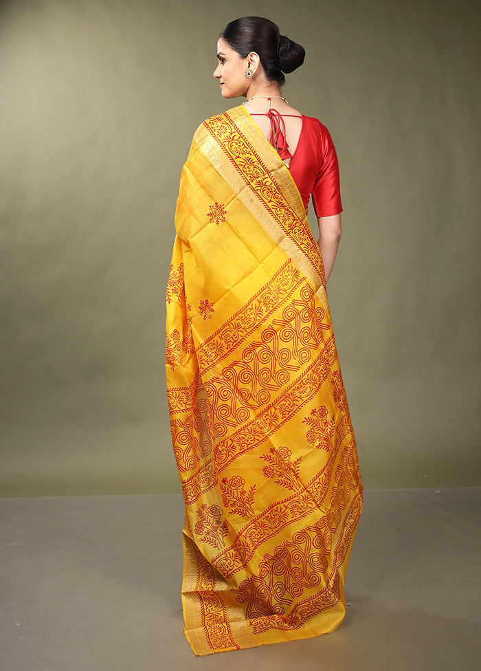 Yellow Printed Pure Silk Saree Without Blouse Piece