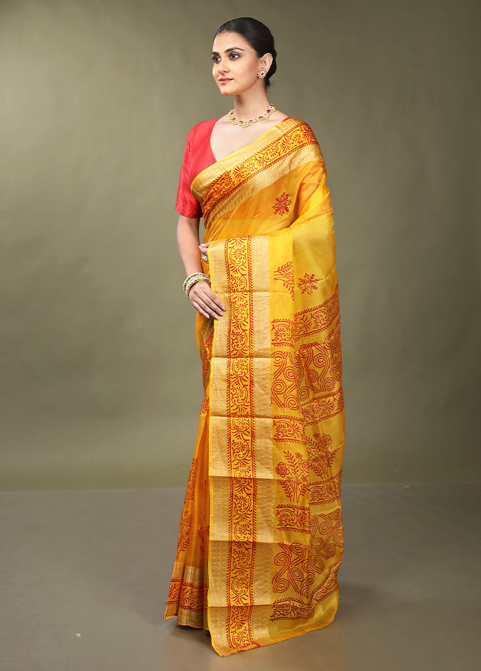 Yellow Printed Pure Silk Saree Without Blouse Piece