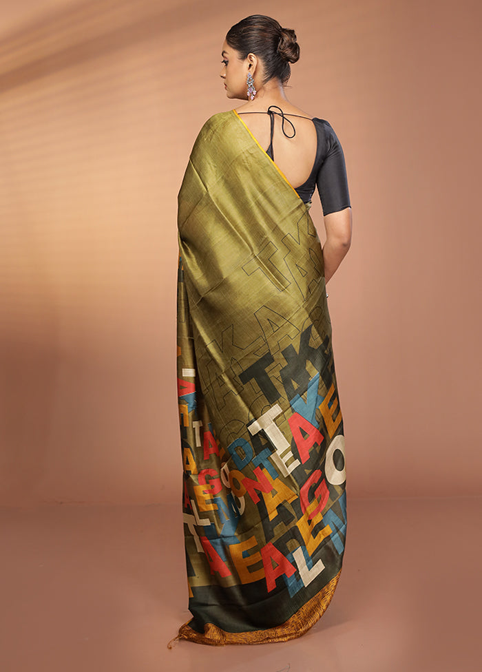 Green Printed Pure Silk Saree Without Blouse Piece