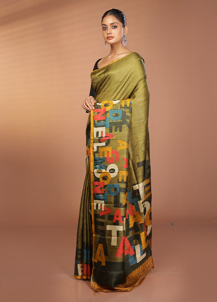 Green Printed Pure Silk Saree Without Blouse Piece