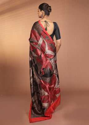 Brown Printed Pure Silk Saree Without Blouse Piece