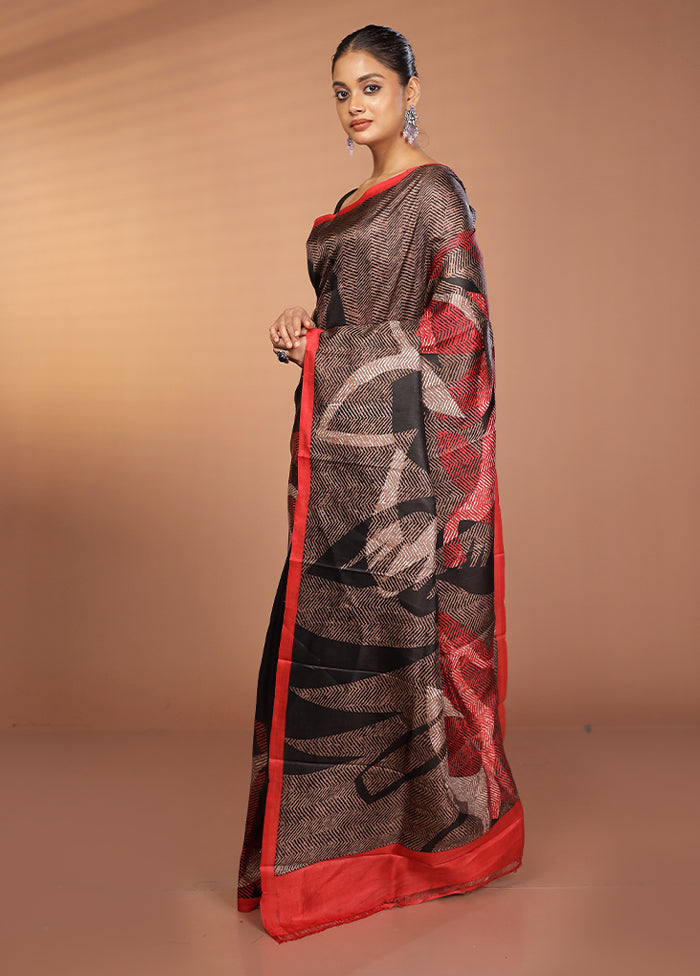 Brown Printed Pure Silk Saree Without Blouse Piece