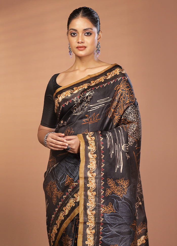 Black Handloom Printed Pure Silk Saree Without Blouse Piece