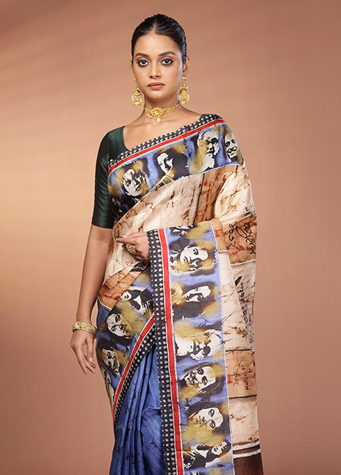 Cream Handloom Printed Pure Silk Saree Without Blouse Piece