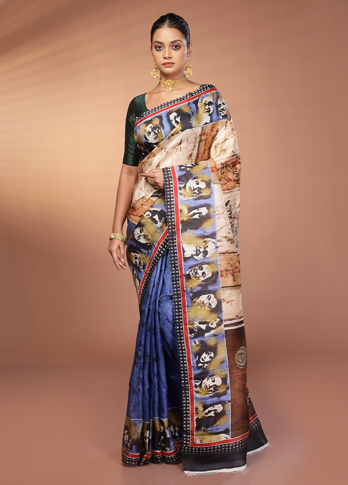 Cream Handloom Printed Pure Silk Saree Without Blouse Piece