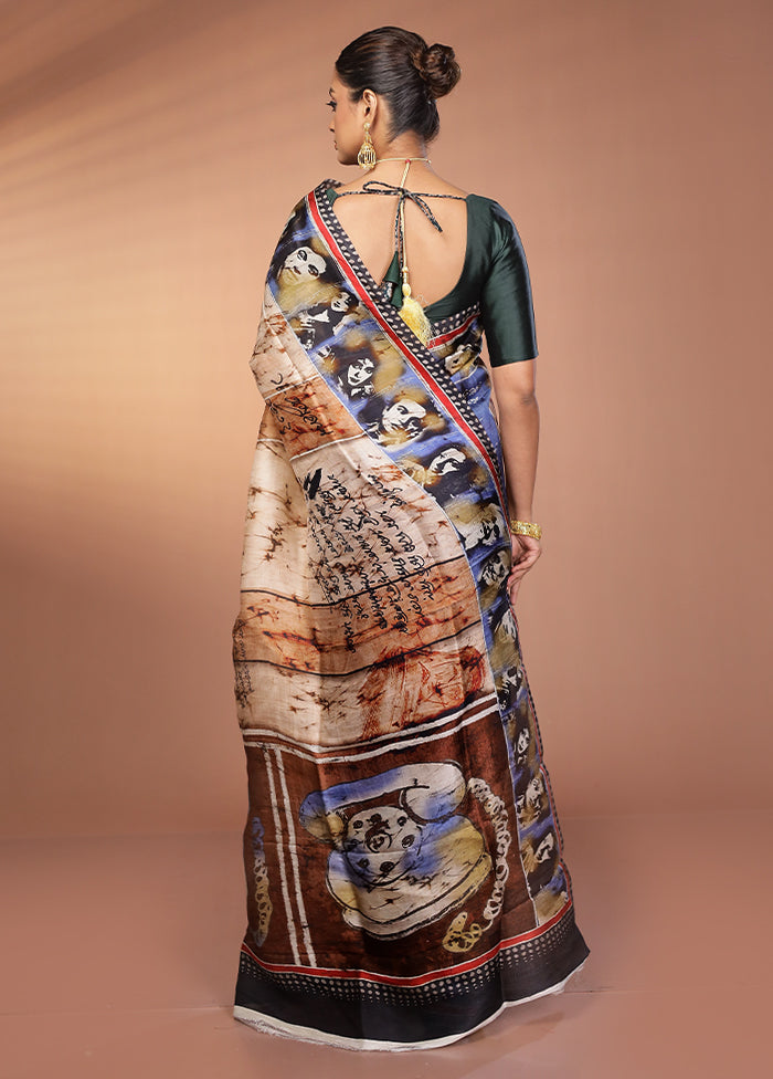 Cream Handloom Printed Pure Silk Saree Without Blouse Piece