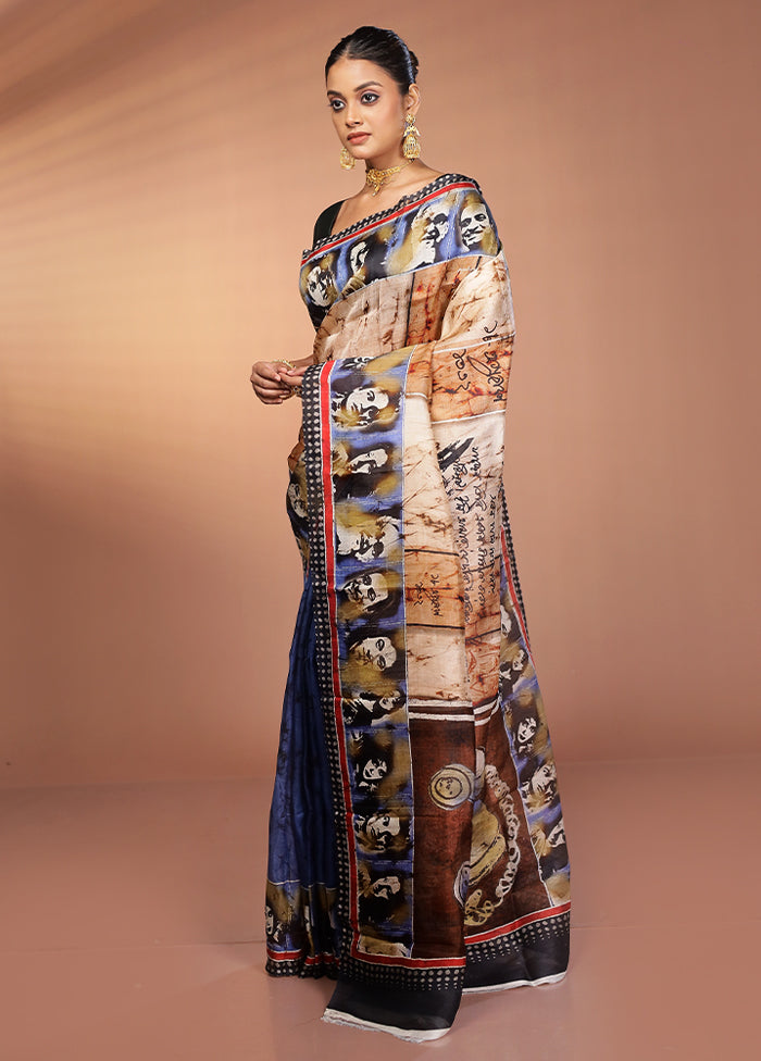 Cream Handloom Printed Pure Silk Saree Without Blouse Piece