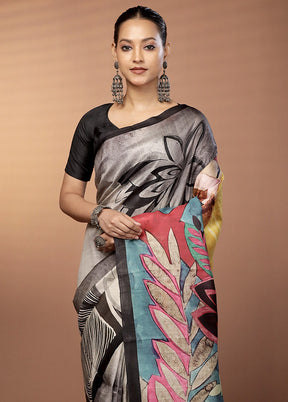 Cream Handloom Printed Pure Silk Saree Without Blouse Piece