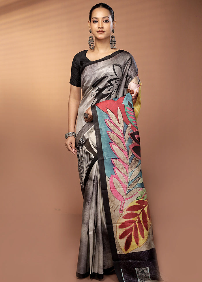 Cream Handloom Printed Pure Silk Saree Without Blouse Piece