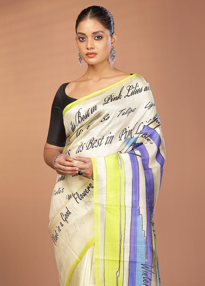 Cream Handloom Printed Pure Silk Saree Without Blouse Piece
