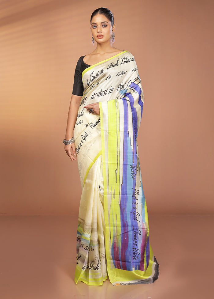 Cream Handloom Printed Pure Silk Saree Without Blouse Piece