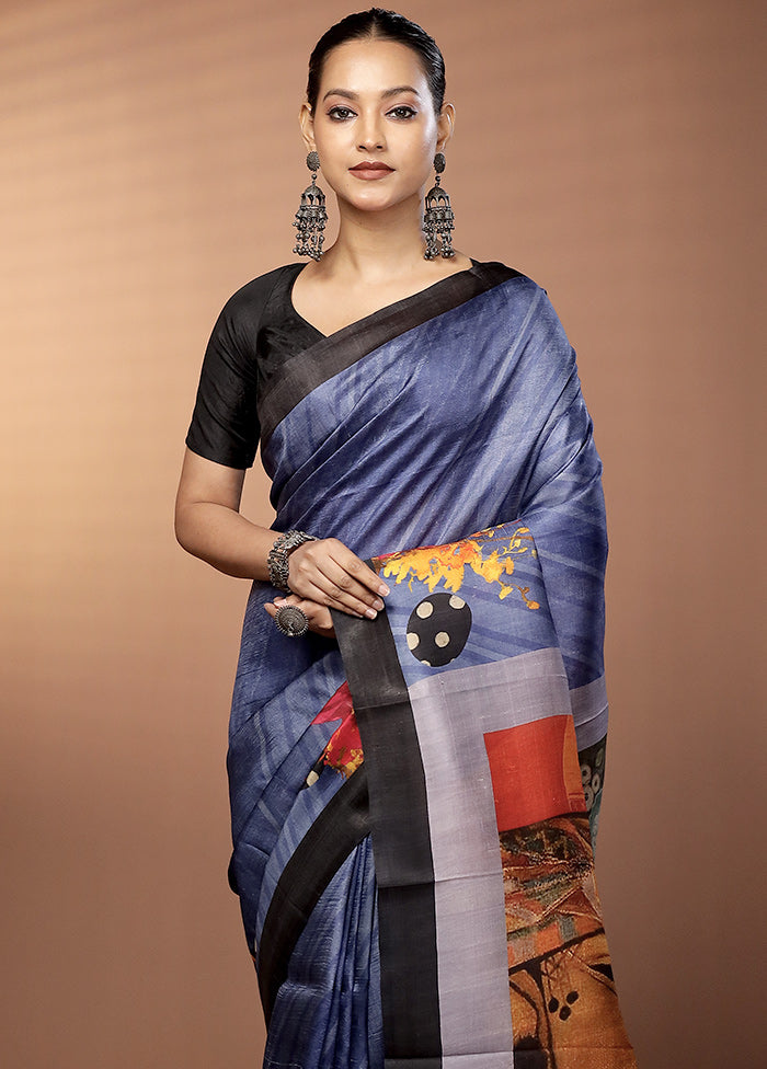 Blue Handloom Printed Pure Silk Saree Without Blouse Piece
