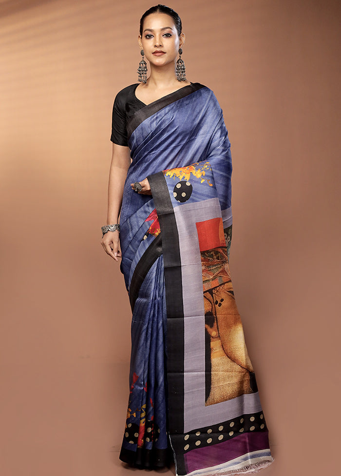 Blue Handloom Printed Pure Silk Saree Without Blouse Piece